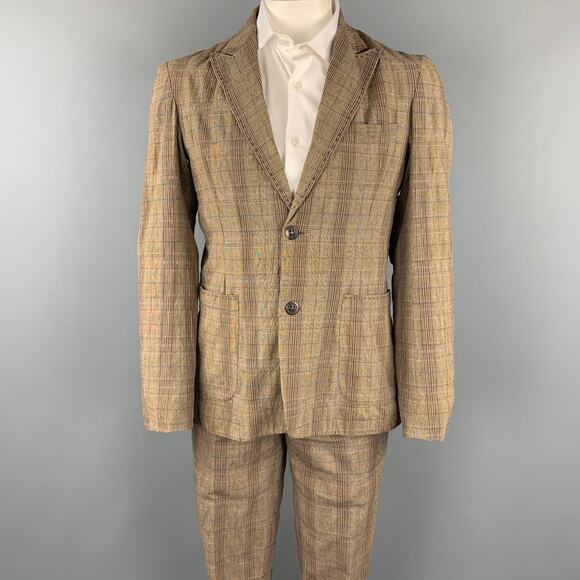 PODOLL Size M Brown Plaid Cotton Blend Peak Lapel Suit